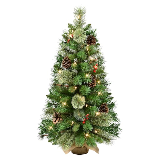 3Ft Pre-Lit Pine Adorned Artificial Christmas Tree in Burlap Sack, Clear Lights By Puleo International in Green | 3 ft | Michaels®